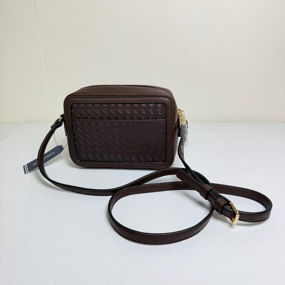 Nautica Dark Brown Woven Leather Camera Crossbody Bag Gold Hardware